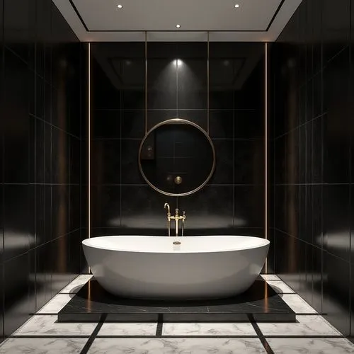 A sophisticated and modern indoor design with a monochromatic palette of deep blacks and whites. The walls are covered in sleek black tiles with a glossy finish, creating a dramatic contrast with the 