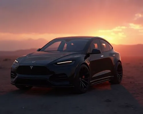 Sleek electric SUV  parked in a dark, moody sunset lit, in the middle of a vast dessert  close-up on 22-inch matte black alloy wheels, sharp reflections, volumetric fog, Unreal Engine 5 render style."