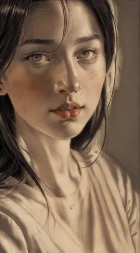 Portrait of a woman made by Caravaggio,digital painting,oil paint,oil painting,portrait of a girl,sepia,young woman,girl with cloth,white lady,girl in cloth,girl portrait,woman's face,depressed woman,