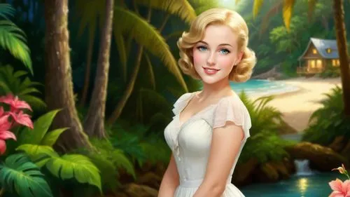 Romantic masterpiece oil painting, cute girl portrait, nostalgic 1950's style kitsch, vibrant rainforest landscape, lush tropical jungle paradise, summer beach vacation seaside cottage scenery, by Tho