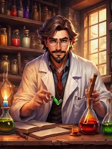 Alchemist AI, male, lab coat, goggles, messy brown hair, beard, intense expression, holding test tube, mixing chemicals, wooden workbench, shelves with jars of potions, candles lit, dim laboratory lig
