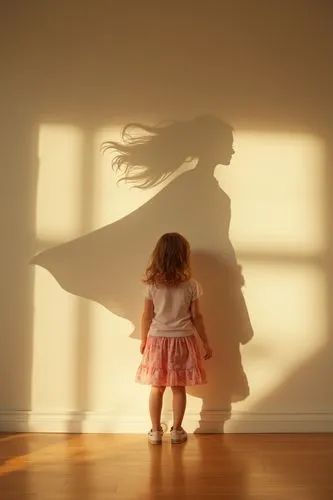 A photograph of a little girl standing in the middle of a softly lit room. The camera is positioned at a low angle, eye-level with the girl, using a 35mm lens to capture a wide view of the scene. From