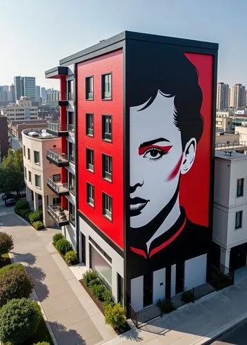 a red, black and white photo of elvis presley on a building,cool pop art,urban art,public art,effect pop art,pop art style,muralist,facade painting,modern pop art,urban street art,mural,muralists,stre