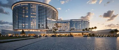 photo realistic render of an exotic hotel resort, warm sunset render, cars parked infront, bright warm interior lighting lights up the hotel,glass windows on the top floors of the hotel, warm interior