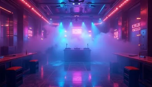 Vibrant nightclub interior, pulsating LED lights, strobe effects, fog machines, misty atmosphere, dance floor, DJ booth, loudspeaker systems, mirrored ceilings, glossy floors, metallic accents, neon s