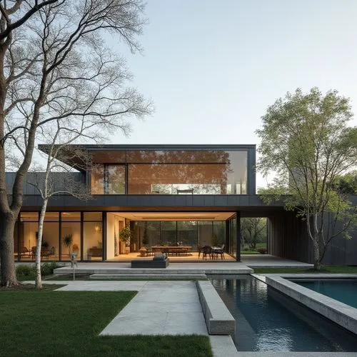  ,the house with large sliding glass doors is next to the water,modern house,modern architecture,forest house,pool house,mid century house,cantilevered