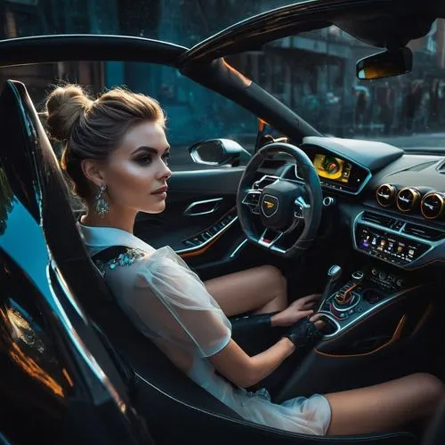 A captivating and vibrant photograph, back-view of two stunning young women, aged 18 and 19, in the cockpit of a sleek Lamborghini sports car. The back-view angle showcases the intricate design of the