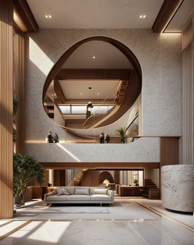 interior modern design,modern living room,circular staircase,luxury home interior,penthouse apartment,staircase,winding staircase,wooden stairs,3d rendering,outside staircase,modern house,wooden stair