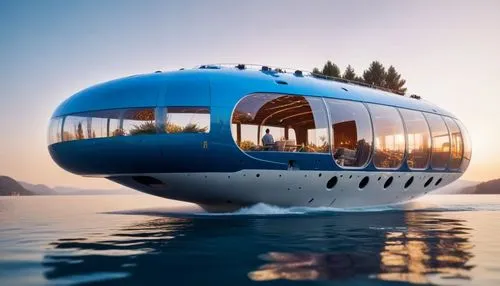 a blue and white boat on a body of water,water bus,diving gondola,teardrop camper,floating huts,coastal motor ship,houseboat,water taxi,floating on the river,floating over lake,gondola,hovercrafts,ped
