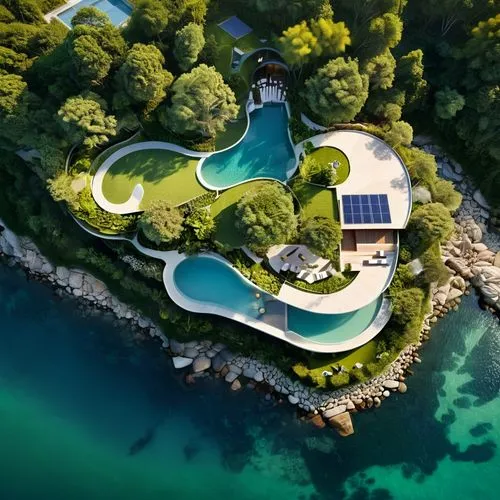 A vibrant and balanced residential area with multiple luxurious villas over the sea, seamlessly integrated into the natural landscape, giving the impression that they have always been part of the envi