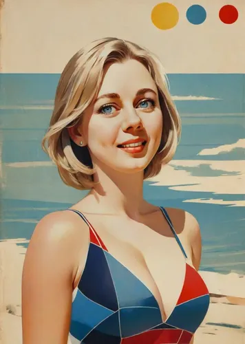 Blonde woman on the sea beach on a sunny day.,retro woman,popart,girl-in-pop-art,retro girl,roy lichtenstein,retro women,modern pop art,pop art woman,60s,pop art girl,vintage art,cool pop art,beach ba