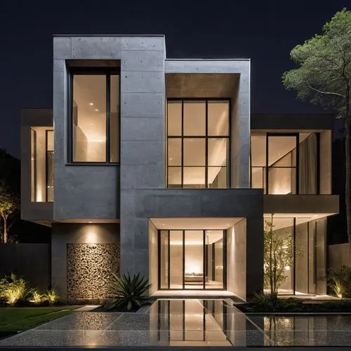 Modern building facade design with concrete and black stone, featuring large glass windows and enhanced by nighttime lighting. The exterior includes white and gray stone paving, lush gardens filled wi