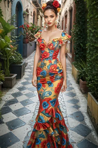 keep the red lipstick and spanish style black eyeliner, but make the picture more photo-realistic,a young woman in a red, yellow, and blue floral dress with ruffles,a floor-length dress,girl in a long