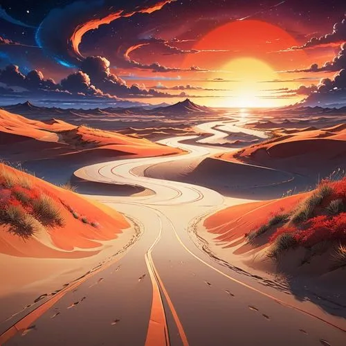 A surreal highway cutting through sand dunes, pavement made of shimmering lights in shades of orange and red, impossible curves intertwining on the horizon, lampposts floating in the air, and mirages 