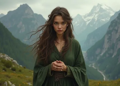 A detailed digital illustration of a serene woman with an intricately composed elf face, standing amidst a majestic mountain landscape. Her long brown hair, adorned with black baby cradles, flows grac