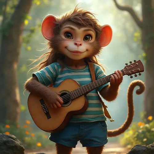 a chubby anthropomorphic female monkey wearing shorts and a striped blue-and-white T-shirt and holding a guitar,a monkey playing the guitar in front of the trees,monkeys band,baby monkey,musical roden