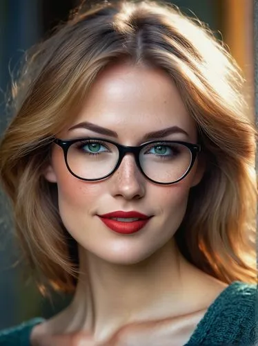 
20s buxom woman with freckles and waist length very long straight light brown with blonde highlights modern hair, blue green eyes, stunning smokey eye makeup, spectacles, sad but enigmatic smile, sta