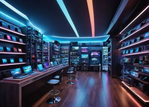 Modern electronic shop, futuristic interior design, sleek lines, neon lights, LED screens, rows of shelves, glass displays, metallic frames, high-tech gadgets, laptops, smartphones, tablets, gaming PC