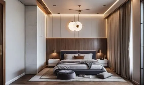 interior room render, bed back is in louvers, use light colors, add realistic  materials according to the reference, add lighting
,the large modern bed is in the middle of the room,modern room,modern 