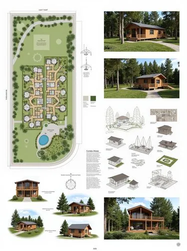 Design a vertical A0 competition board layout for a forest cabin condominium. The presentation includes a detailed site plan showing the overall layout of the cabins, plot plan with parcel divisions,