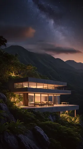 warm tropical architecture minimalist concrete cottage in top of a mountain with the stars of the night timelapse, high quality, 8k,house in mountains,house in the mountains,futuristic landscape,japan