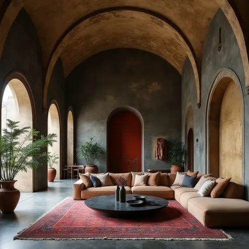 A grand and dramatic living space with a blend of historical and modern aesthetics, featuring soaring arched ceilings with intricate faded frescoes and a patina that evokes a sense of timeless eleganc