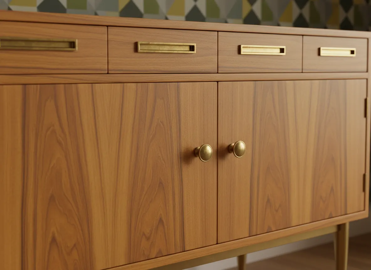 Vista ravvicinata, renderizzata dall'IA, di una credenza Mid-Century Modern, che evidenzia la venatura realistica del legno di teak e la ferramenta in ottone.