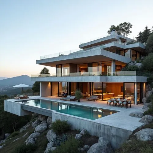 A hillside villa with an angular, multi-level design and large terraces that overlook the valley below. The villa’s facade features a mix of concrete, glass, and stone, with bold architectural lines t