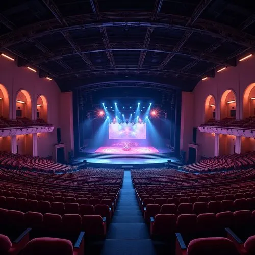Amphitheater seating, tiered levels, audience-facing stage, dynamic lighting systems, surround sound speakers, projection screens, minimalist decor, open floor plans, accessible pathways, comfortable 