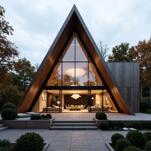 A hyper-realistic, high-resolution architectural photograph of a contemporary luxury home with a dramatic A-frame glass façade, showcasing a soaring vaulted ceiling and warm interior lighting. The str