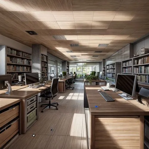 一个办公室,study room,school design,reading room,library,modern office,lecture room,university library,daylighting,3d rendering,offices,bookshelves,wooden desk,working space,creative office,celsus library,