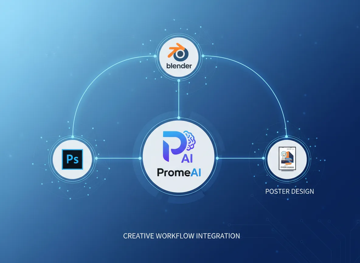 इन्फोग्राफिक जो PromeAI लोगो को फोटोशॉप, ब्लेंडर और एक पोस्टर डिजाइन के आइकन से जोड़ता हुआ दिखाता है।