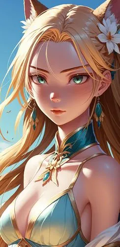 a beautiful blond haired woman with cats ears,jessamine,sultana,zeta,portrait background,fey,monsoon banner,sand fox,priestess,fantasia,summer crown,elven,fox,poi,birthday banner background,desert bac