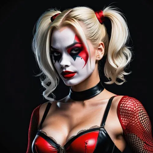 Big chest Harley Quinn wearing fishnet , ultra hd, realistic, vivid colors, highly detailed, UHD drawing, pen and ink, perfect composition, beautiful detailed intricate insanely detailed octane render
