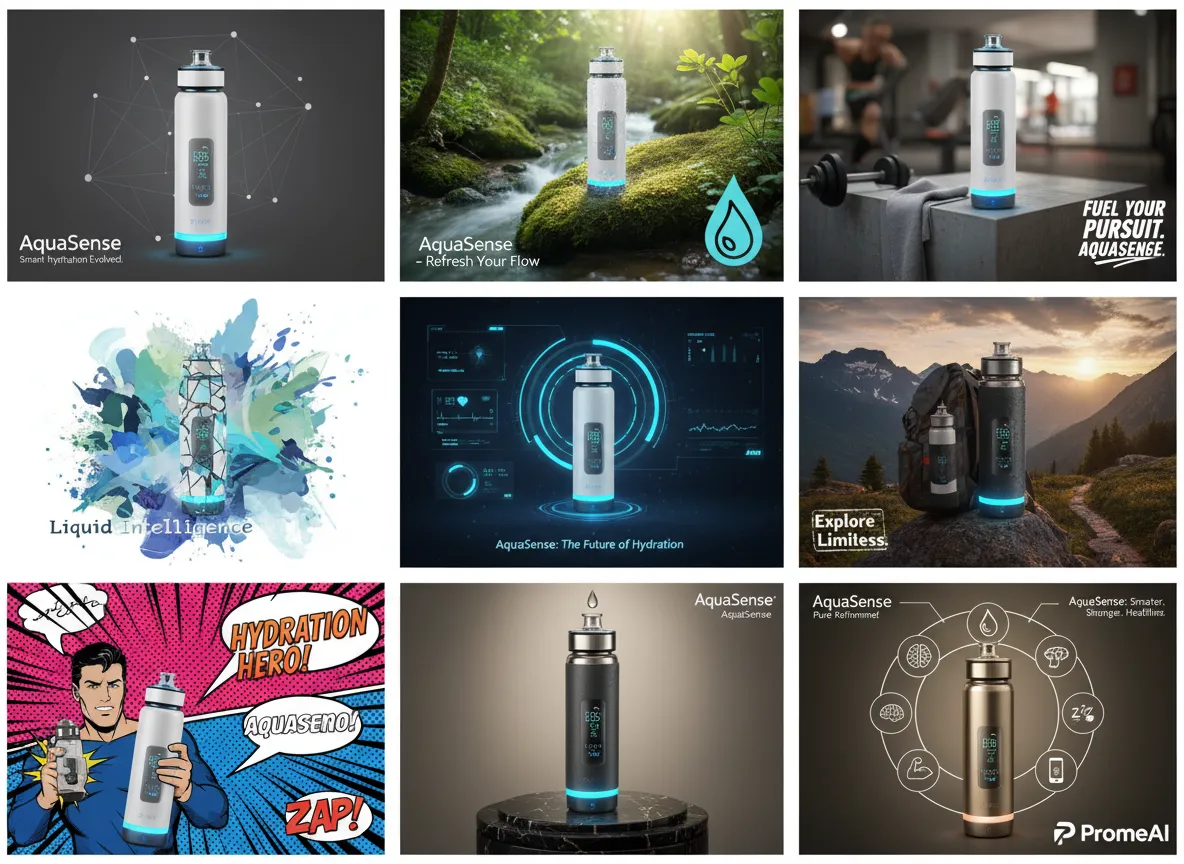 एक ही उत्पाद के लिए नौ अलग-अलग पोस्टर विविधताओं का एक ग्रिड, जो PromeAI के साथ संभव तीव्र कॉन्सेप्ट निर्माण को प्रदर्शित करता है।