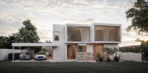 Arquitectura moderna, con detalles de elegancia y calidez,the house is very modern with the cars parked in front,dunes house,modern house,vivienda,casita,mid century house,residencia,residential house