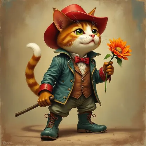 A cat in boots with a red hat, holding a flower in his hand,a painting of a cat dressed like an old westing  with a flower in its hand,flower cat,alberty,cartoon cat,red tabby,sheriff,cute cartoon cha
