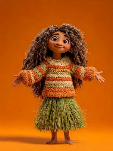 A Pixar-style animated doll with brown skin, long curly hair, and wearing a striped sweater and skirt made of grass, smiles at the camera in front of an orange background. The character has exaggerate
