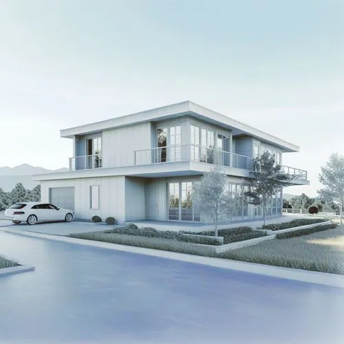 International Style house, Flat roofs, smooth, unornamented surfaces, large expanses of glass, and an emphasis on horizontal and vertical lines. The fa￧ade is often devoid of decorative elements