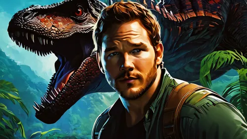 Portrait of Chris Pratt and Blue in Jurassic World movie background, in borderlines Style,jurassic,dinosaruio,dino,dinosaurs,tyrannosaurus,landmannahellir,dinosaur,palaeontology,ark,paleontology,rapto