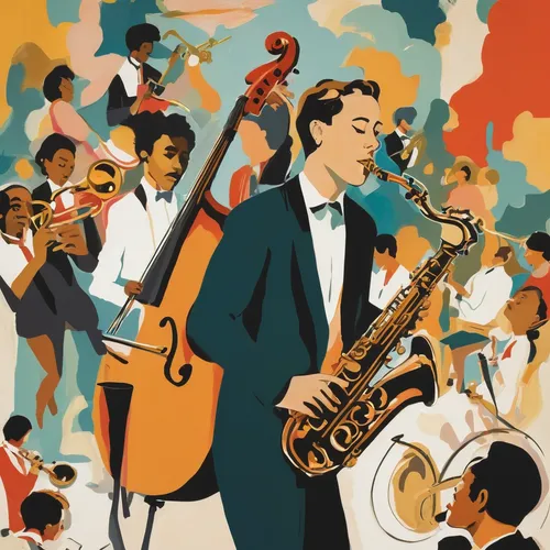 Design a vintage-inspired flyer for a jazz concert.,jazz,big band,man with saxophone,sfa jazz,jazz it up,saxophone playing man,jazz club,blues and jazz singer,musicians,jazz silhouettes,vintage illust
