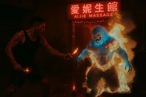 妖怪全身著火,a man is holding the arm of a giant, flamey animal,fire master,fire artist,make fire,fire dance,fire background,fire planet,neon ghosts,arson,fire eaters,door to hell,flamethrowers,fire devil,d