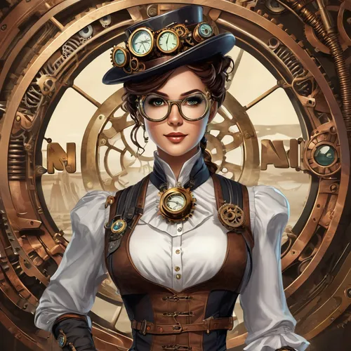 Develop an adventurous navi avatar for a travel agency,steampunk,steampunk gears,clockmaker,librarian,watchmaker,key-hole captain,clockwork,victorian lady,lady medic,ship doctor,female doctor,game ill
