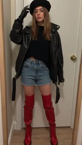Casual video selfie before leaving, the 18-year-old girl wears a black oversized sweater, with sleeves pushed up to reveal her long, wide black leather gloves. She pairs it with high-waisted denim jea