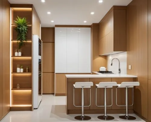 A modern and stylish kitchen featuring a combination of cream MDF and wood, creating a warm and inviting atmosphere. On the right side, there is a double-bowl sink along with a built-in cooktop, while