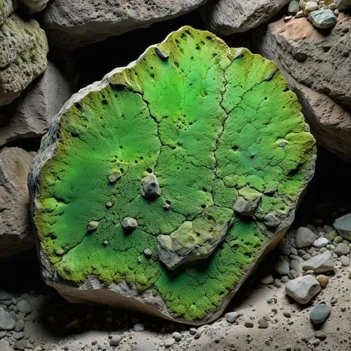 roccia spaccata verde scuro con all'interno minerali fluorescenti,a close up of a leaf and rocks,grape leaf,liverwort,mammoth leaf,liverworts,leaf pattern,custody leaf,water lily leaf,intertidal,chlor