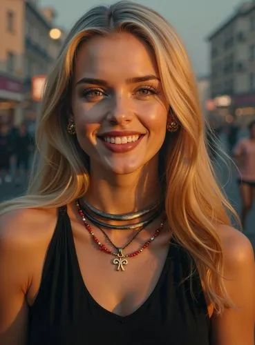An oil paint of a beautiful 22-year-old Caucasian woman with long blonde hair and brown eyes, dressed in a black dress with a high neckline and a necklace, standing in a street at sunset. In the backg