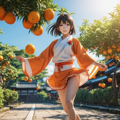 flying anime character,japanese style,girl,oranges,a female in a orange outfit standing underneath a tree,oranges,tangerines,mikan,xiaoyu,yanmei,citrus,Photography,General,Realistic
