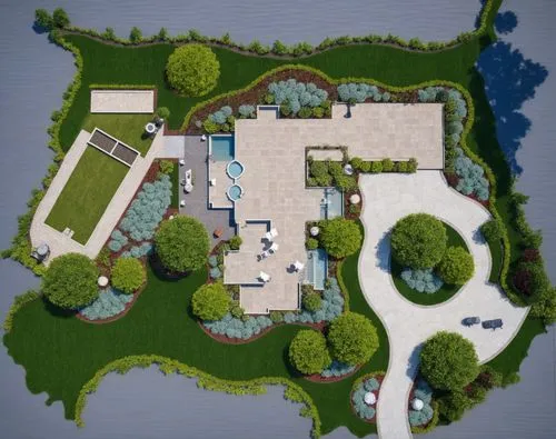 rooftop,this is an aerial view of the house and driveway,pool house,mansion,golf resort,luxury home,landscape plan,landscaped