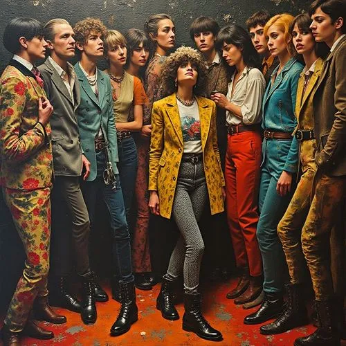 a painting of young people standing in a group,seventies,sixties,mannequins,vintage fashion,contemporaries,subcultures,fashion models,group of people,crowded,color table,woman in menswear,crowed,portr